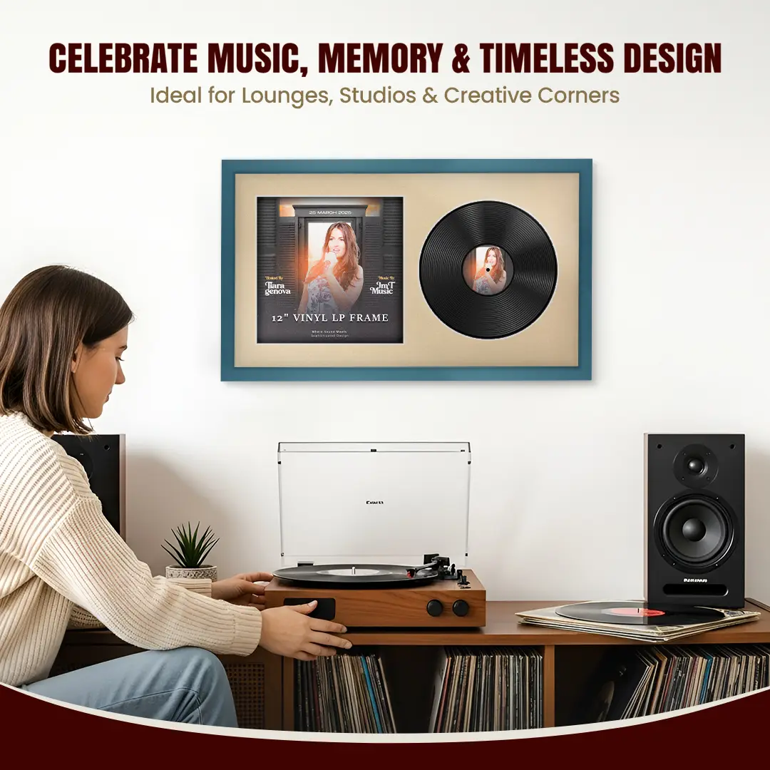 30x17" Modern Sleek Navy Blue Vinyl Record Frame With Ivory Mount | Side by Side 12" LP Cover & Disc Display thumbnail 4