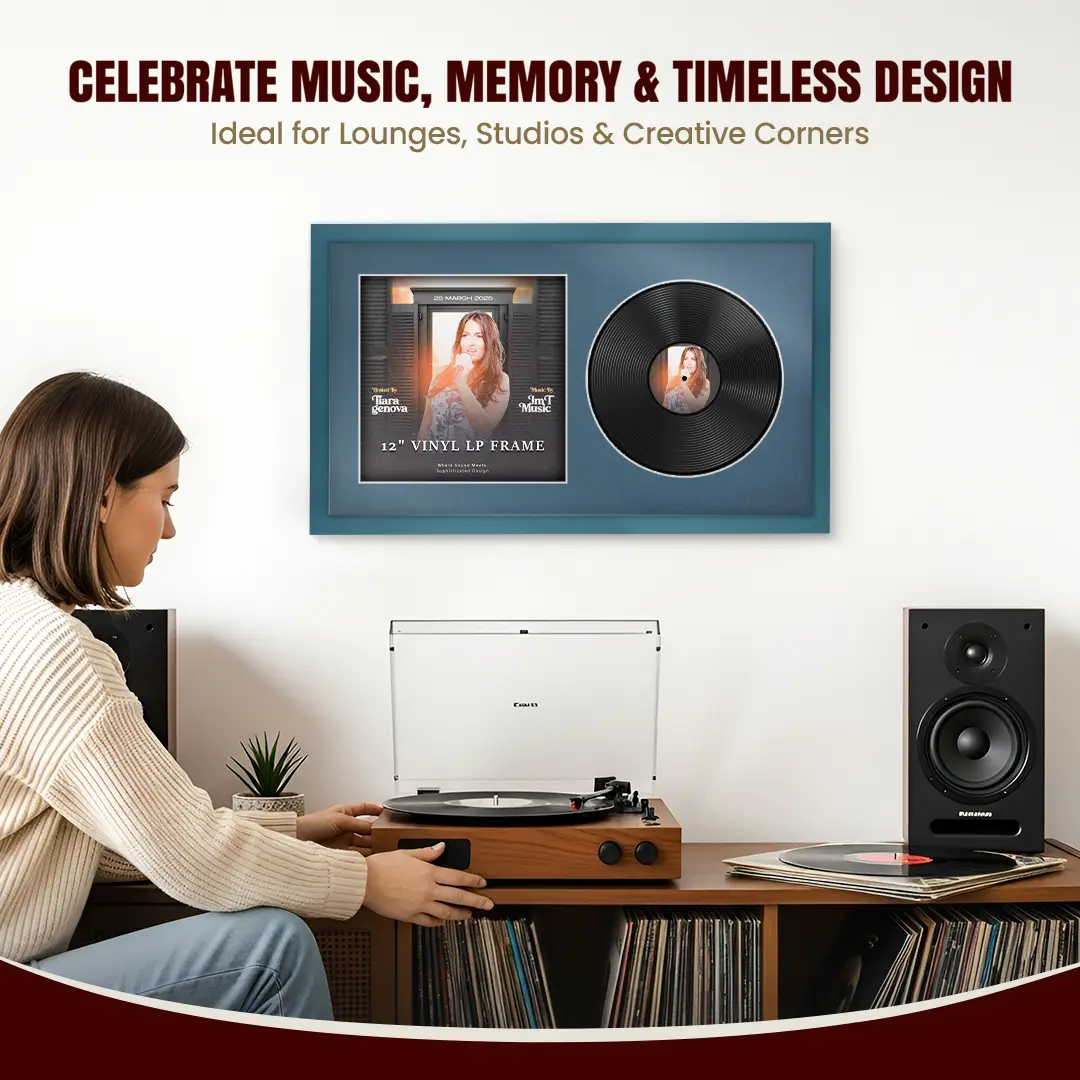 30x17" Modern Sleek Navy Blue Vinyl Record Frame With Pompador Mount | Displays 12" LP Cover & Disc Side by Side thumbnail 4