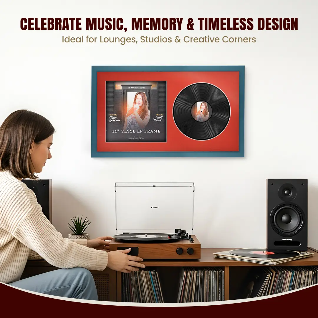 30x17" Modern Sleek Navy Blue Vinyl Record Frame With Poppy Red Mount | Displays 12" LP Cover & Disc Side by Side thumbnail 4
