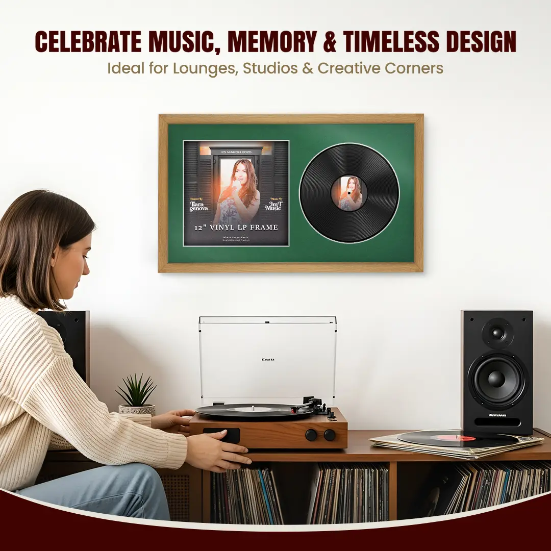 30x17" Modern Sleek Oak Vinyl Record Frame With Emerald (Green) Mount | Displays 12" LP Cover & Disc Side by Side thumbnail 4