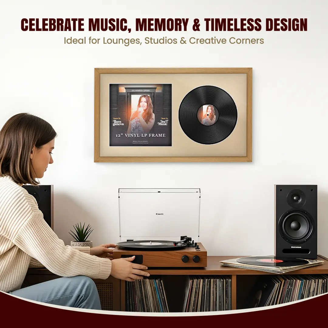 30x17" Modern Sleek Oak Vinyl Record Frame With Ivory Mount | Displays 12" LP Cover & Disc Side by Side thumbnail 4