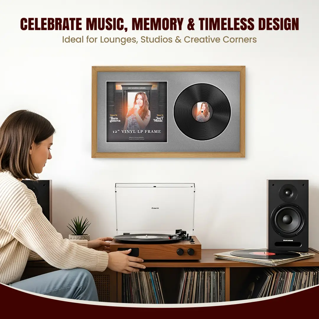 30x17" Modern Sleek Oak Vinyl Record Frame With Silver Mount | Side by Side 12" LP Cover & Disc Display thumbnail 4