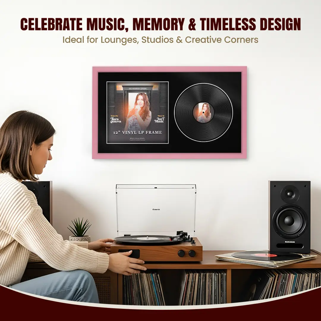 30x17" Modern Sleek Pastel Pink Vinyl Record Frame With Black Mount | For 12" LP Cover and Disc Side By Side Display thumbnail 4