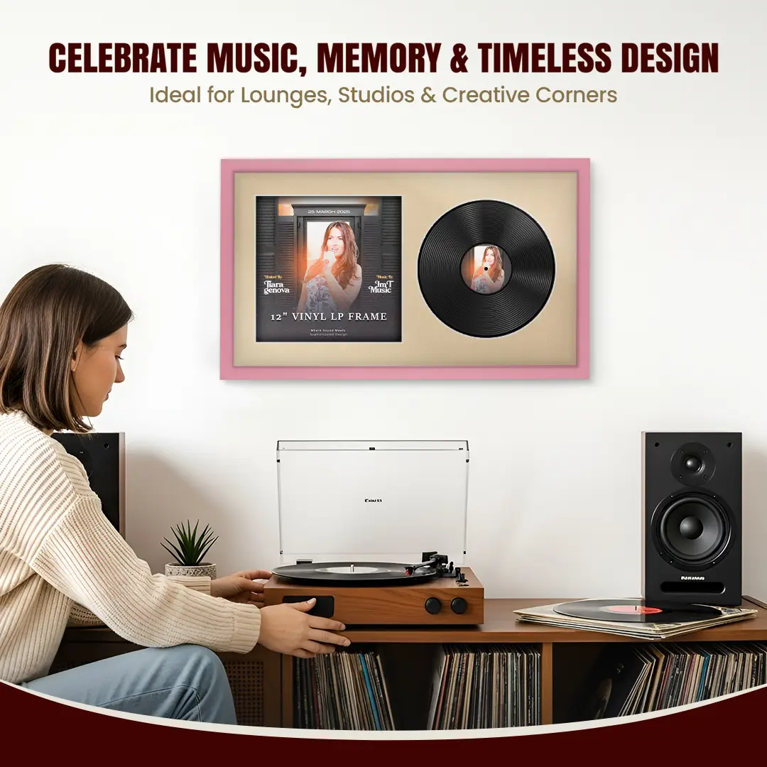 30x17" Modern Sleek Pastel Pink Vinyl Record Frame With Ivory Mount | Displays 12" LP Cover & Disc Side by Side thumbnail 4