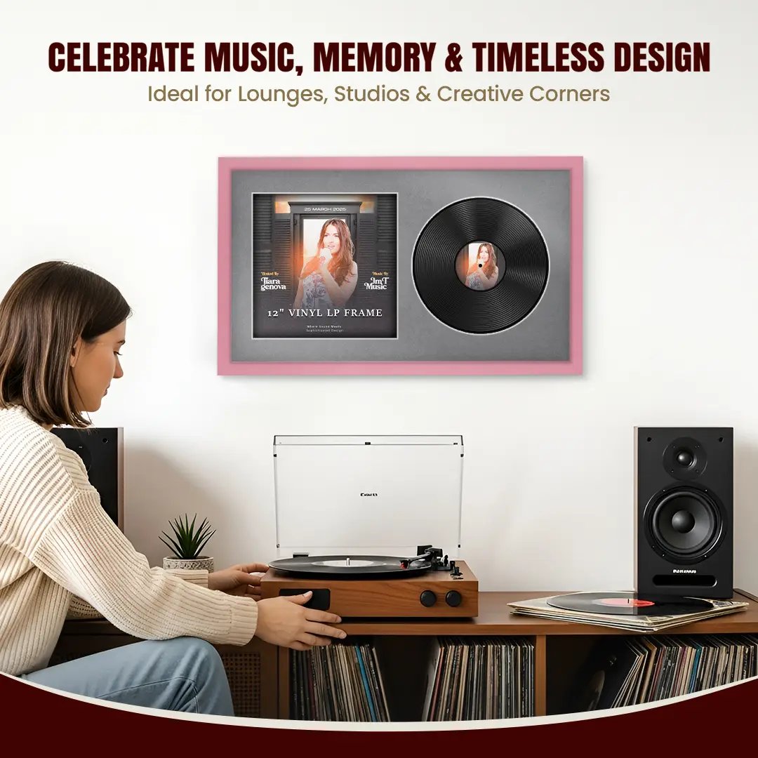 30x17" Modern Sleek Pastel Pink Vinyl Record Frame With Silver Mount | Displays 12" LP Cover & Disc Side by Side thumbnail 4