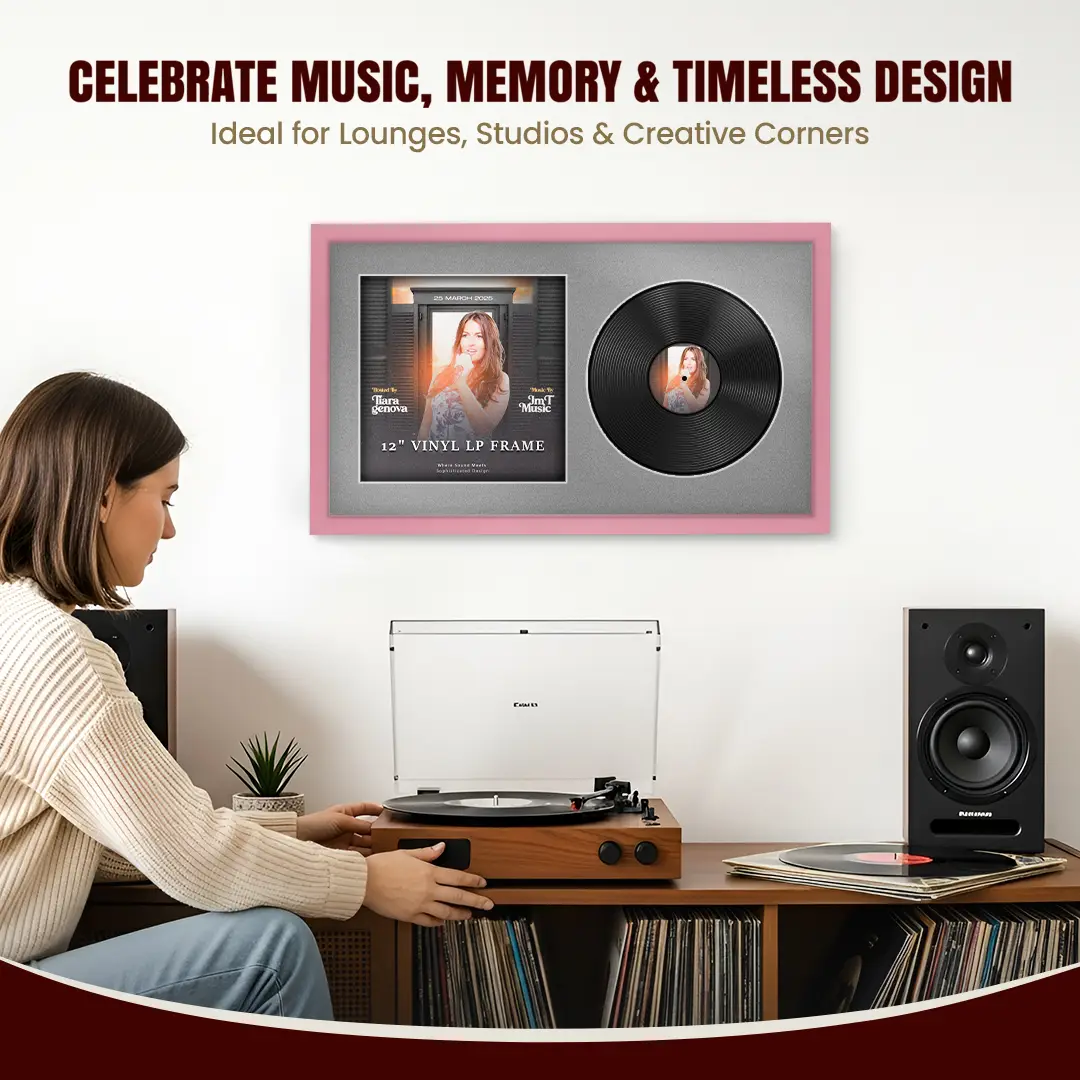30x17" Modern Sleek Pastel Pink Vinyl Record Frame With Silver Mount | Displays 12" LP Cover & Disc Side by Side thumbnail 4