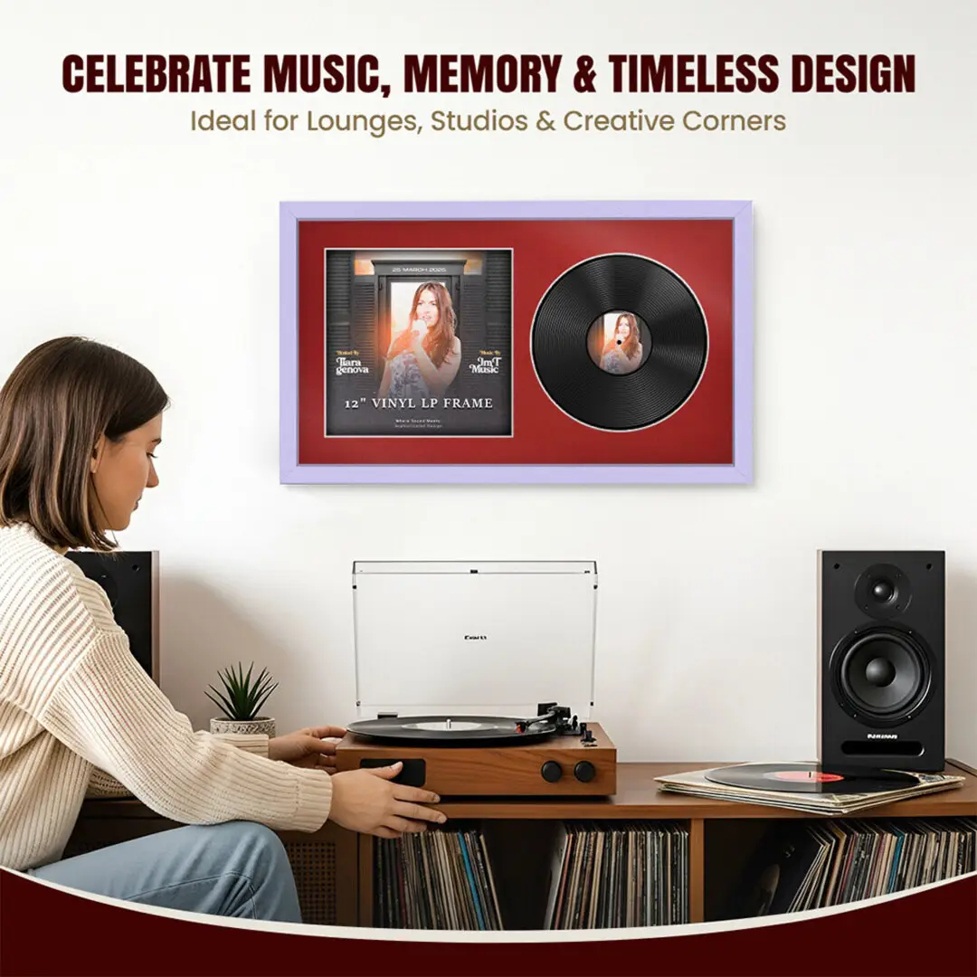 30x17" Modern Sleek Purple Vinyl Record Frame With Crimson Mount | Side by Side 12" LP Cover & Disc Display thumbnail 4