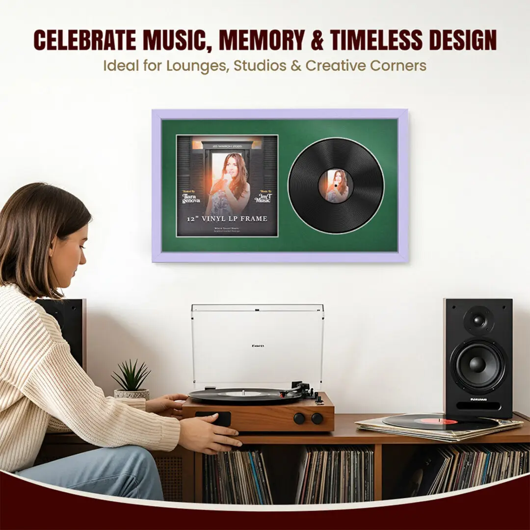 30x17" Modern Sleek Purple Vinyl Record Frame With Emerald (Green) Mount | Side by Side 12" LP Cover & Disc Display thumbnail 4