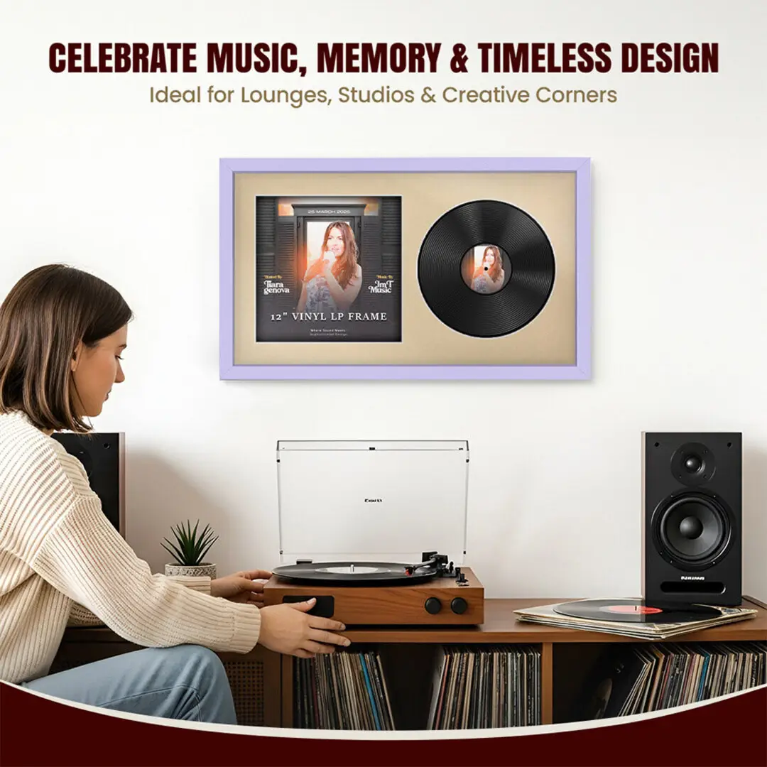 30x17" Modern Sleek Purple Vinyl Record Frame With Ivory Mount | Displays 12" LP Cover & Disc Side by Side thumbnail 4