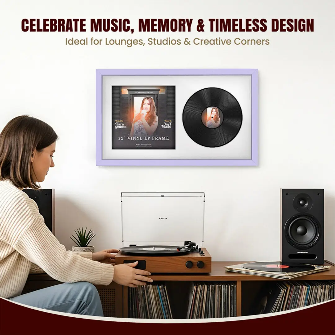 30x17" Modern Sleek Purple Vinyl Record Frame With Ice White Mount | For 12" LP Cover and Disc Side By Side Display thumbnail 4