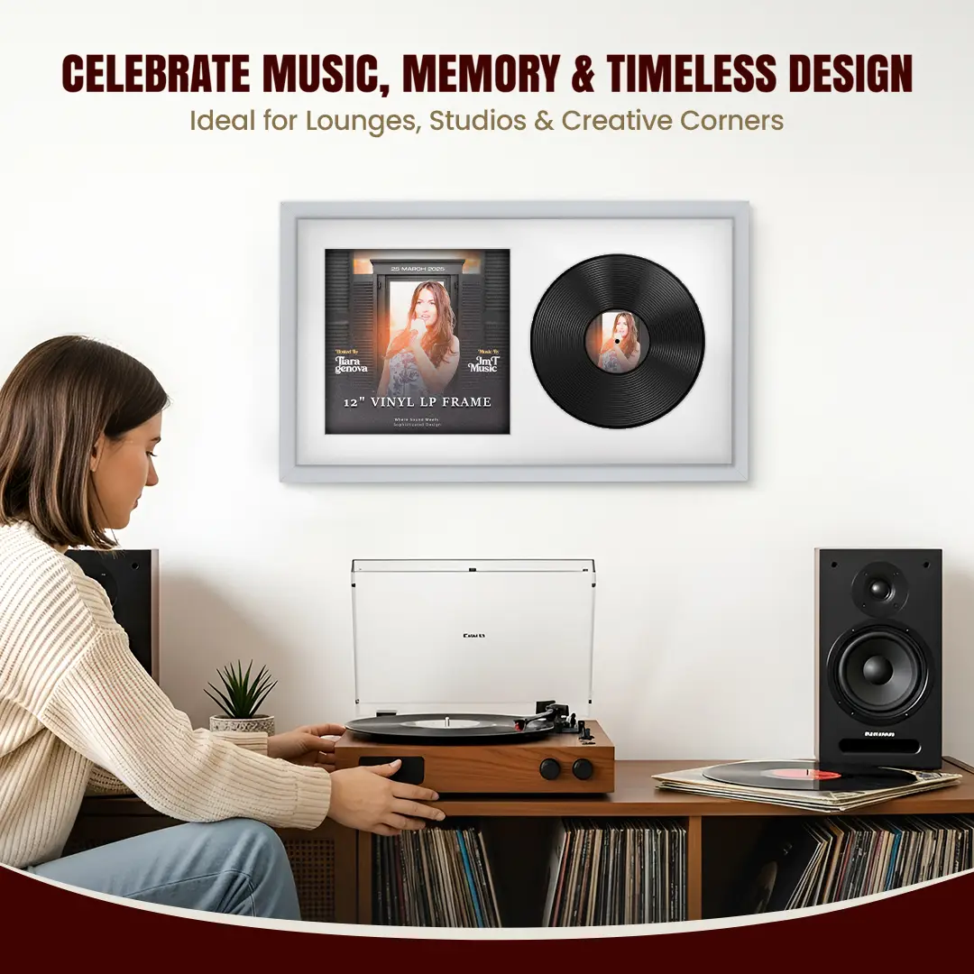 30x17" Modern Sleek Silver Vinyl Record Frame With Ice White Mount | For 12" LP Cover and Disc Side By Side Display thumbnail 4