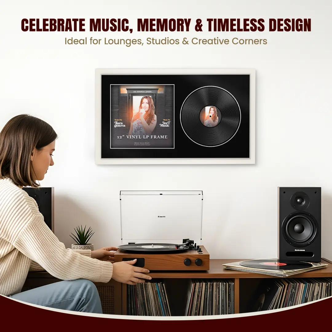 30x17" Modern Sleek White Vinyl Record Frame With Black Mount | For 12" LP Cover and Disc Side By Side Display thumbnail 4