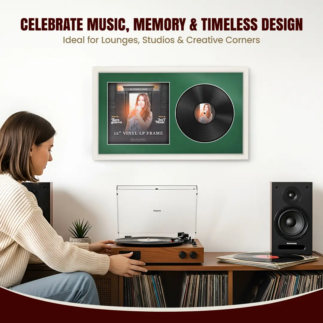 30x17" Modern Sleek White Vinyl Record Frame With Emerald (Green) Mount | Side by Side 12" LP Cover & Disc Display thumbnail 4