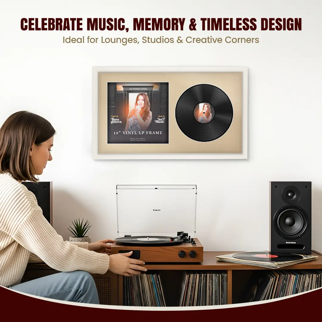 30x17" Modern Sleek White Vinyl Record Frame With Ivory Mount | Displays 12" LP Cover & Disc Side by Side thumbnail 4