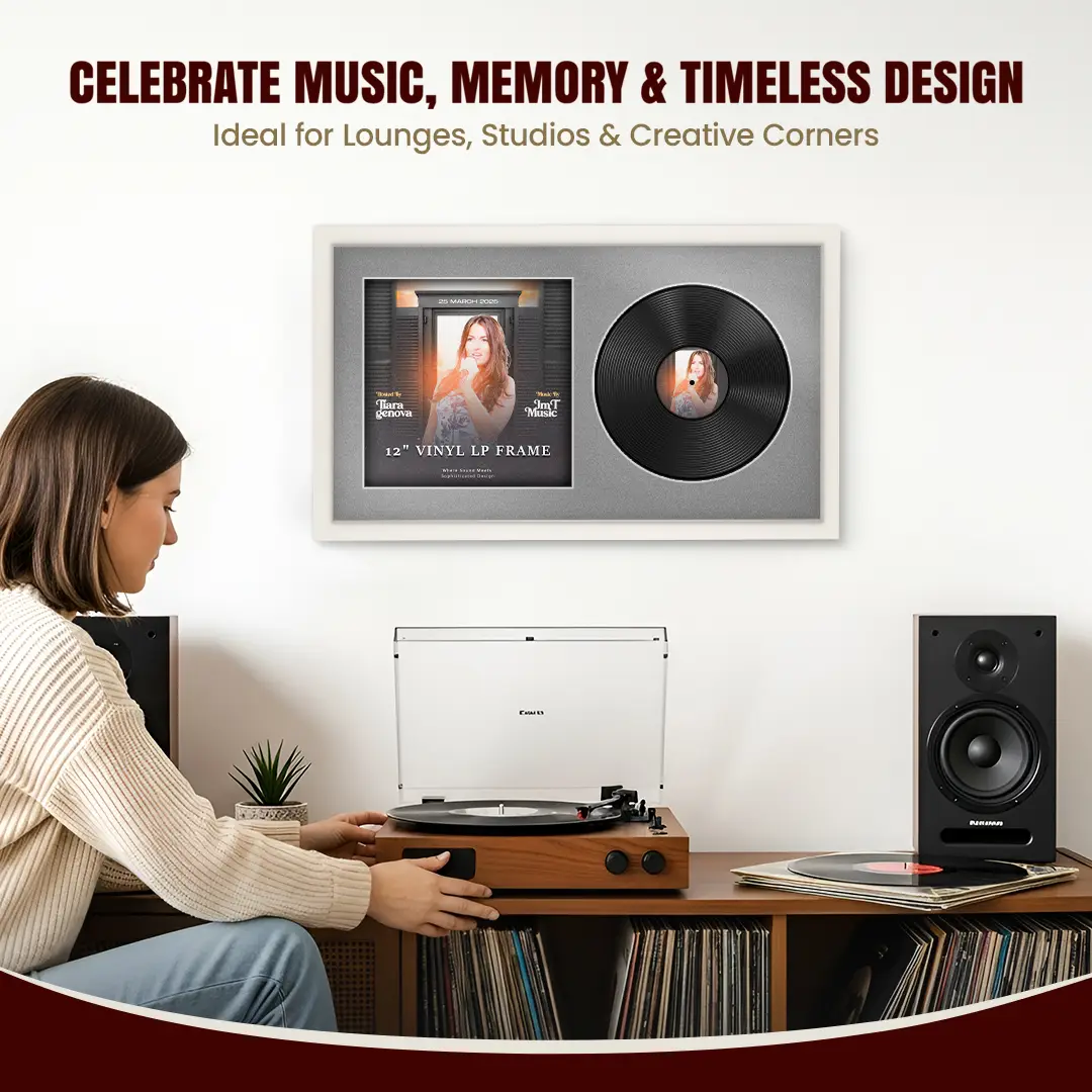 30x17" Modern Sleek White Vinyl Record Frame With Silver Mount | Displays 12" LP Cover & Disc Side by Side thumbnail 4