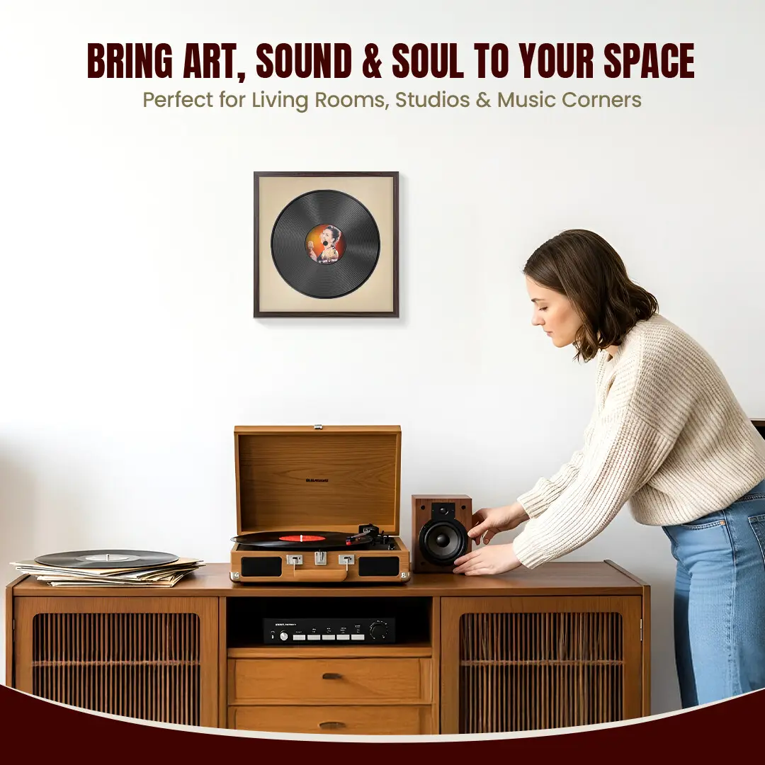 16x16" Modern Sleek Walnut Vinyl Record Frame With Black Mount For 12" LP Discs | Contemporary Wall Display thumbnail 6
