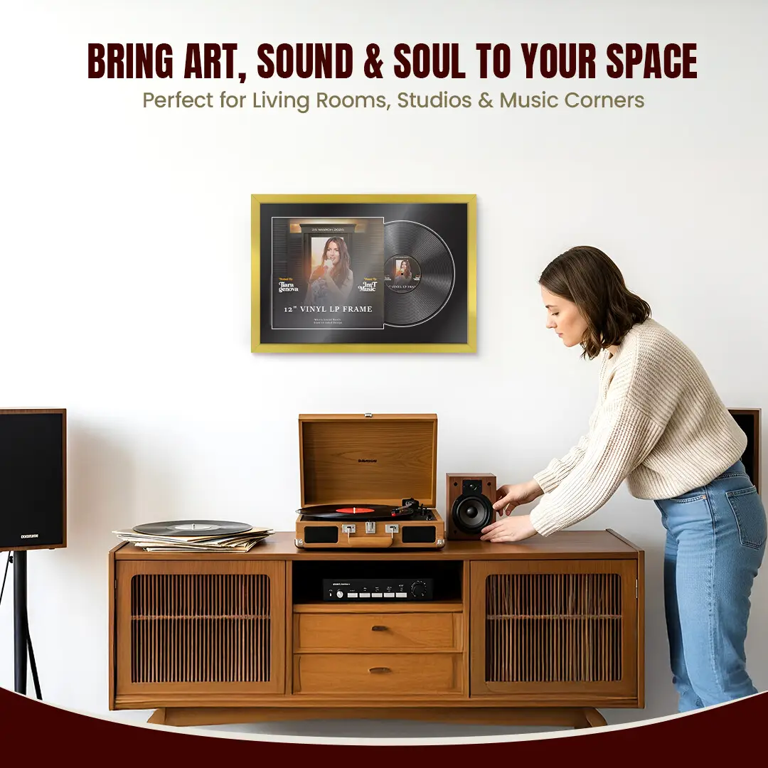 25x17" Modern Sleek Gold Vinyl Record Frame For LP Cover & Disc With Black Mount | Overlapped Display thumbnail 6