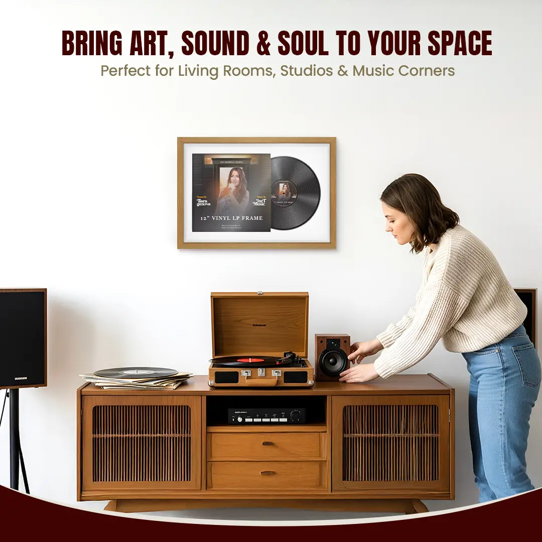 25x17" Modern Sleek Oak Vinyl Record Frame For 12 Inch LP Cover & Disc (Overlapped) With Ice White Mount | Elegant Music Display thumbnail 6