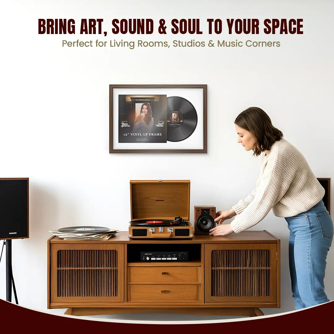 25x17" Modern Sleek Walnut Vinyl Record Frame For 12 Inch LP Cover & Disc (Overlapped) With Ice White Mount | Elegant Music Display thumbnail 6