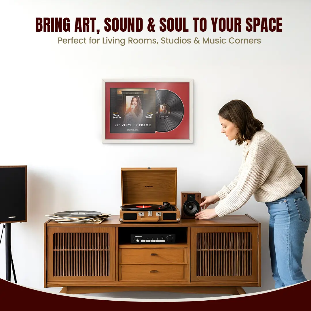 25x17" Modern Sleek White Vinyl Record Frame For LP Cover & Disc With Crimson Mount | Overlapped Display thumbnail 6