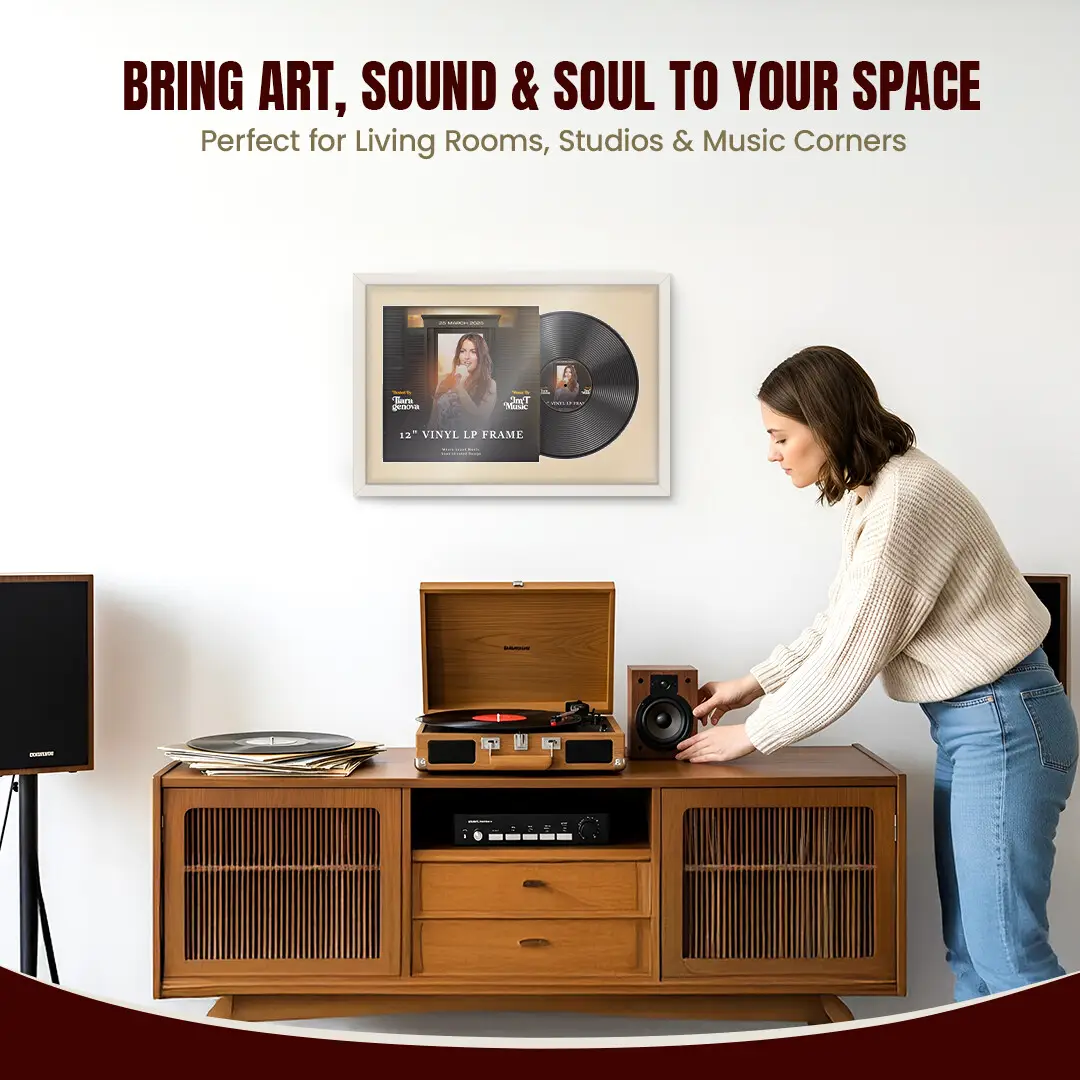 25x17" Modern Sleek White Vinyl Record Frame For LP Cover & Disc With Ivory Mount | Overlapped Display thumbnail 6