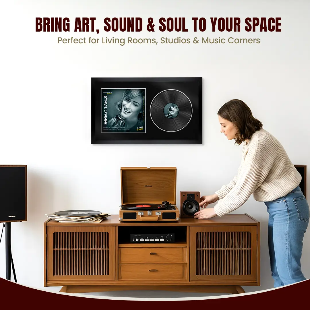 30x17" Modern Sleek Black Vinyl Record Frame With Black Mount | Displays 12" LP Cover & Disc Side by Side thumbnail 6