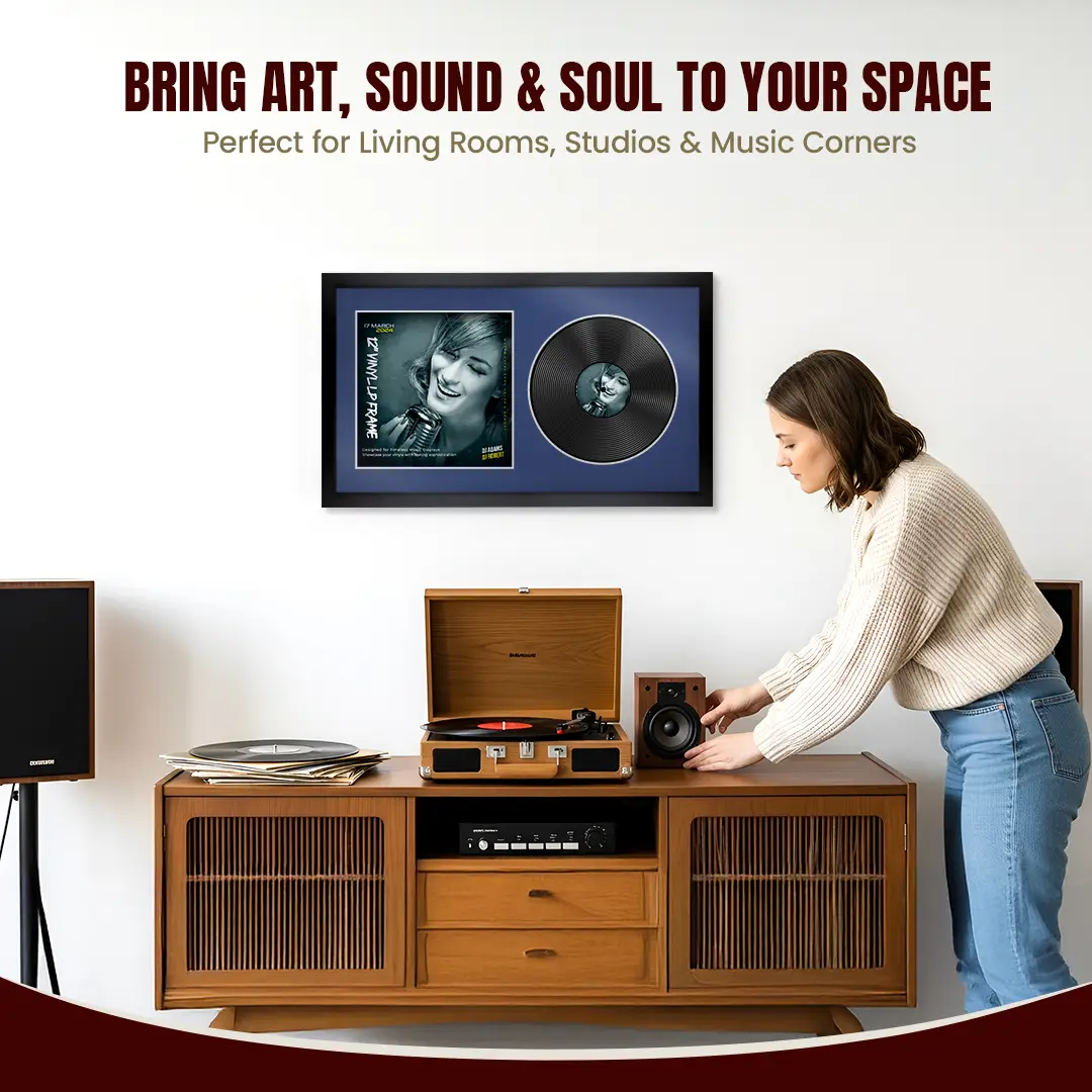 30x17" Modern Sleek Black Vinyl Record Frame With Blue Mount | Displays 12" LP Cover & Disc Side by Side thumbnail 6