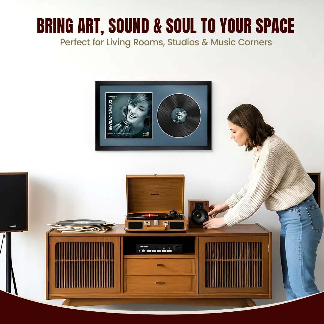 30x17" Modern Sleek Black Vinyl Record Frame With Pompador Mount | Side by Side 12" LP Cover & Disc Display thumbnail 6