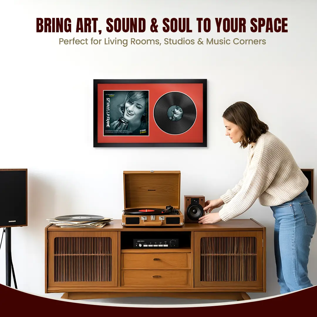 30x17" Modern Sleek Black Vinyl Record Frame With Poppy Red Mount | Side by Side 12" LP Cover & Disc Display thumbnail 6