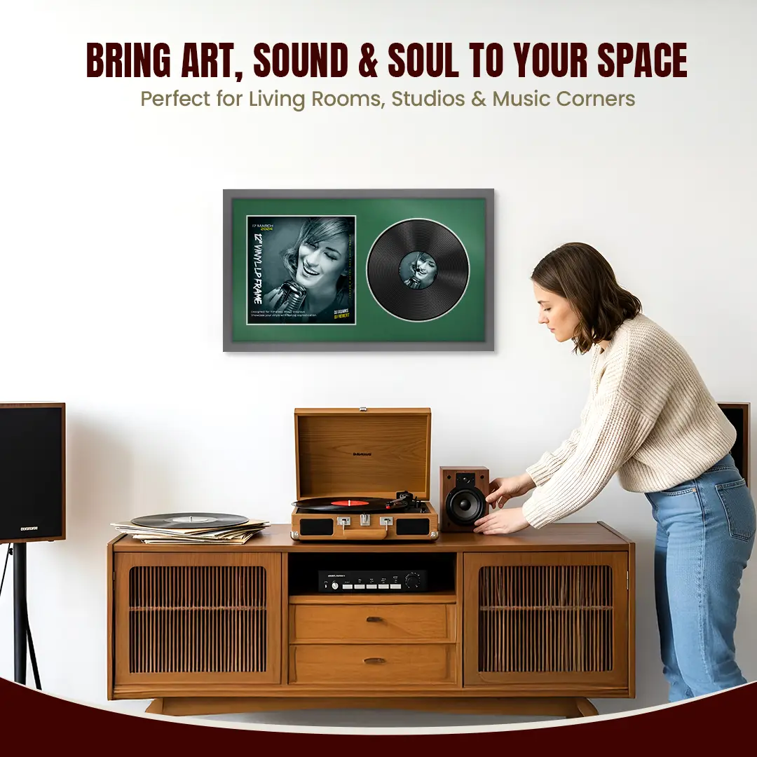 30x17" Modern Sleek Dark Grey Vinyl Record Frame With Emerald (Green) Mount | Displays 12" LP Cover & Disc Side by Side thumbnail 6