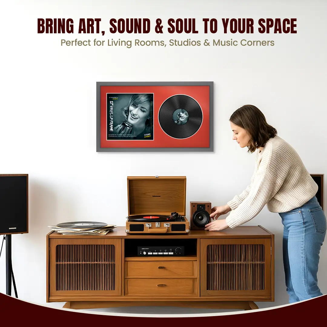 30x17" Modern Sleek Dark Grey Vinyl Record Frame With Poppy Red Mount | Displays 12" LP Cover & Disc Side by Side thumbnail 6