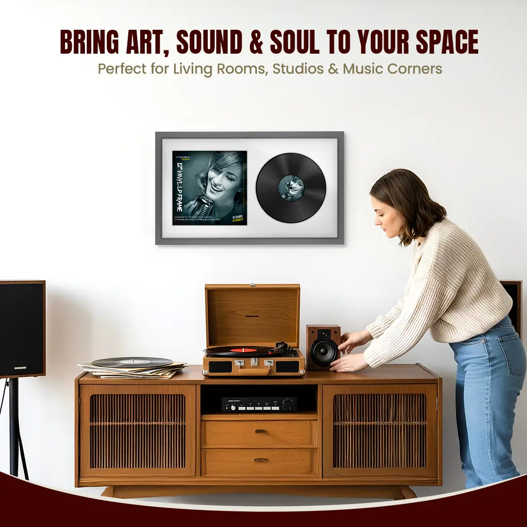 30x17" Modern Sleek Dark Grey Vinyl Record Frame With Ice White Mount | Side by Side 12" LP Cover & Disc Display thumbnail 6