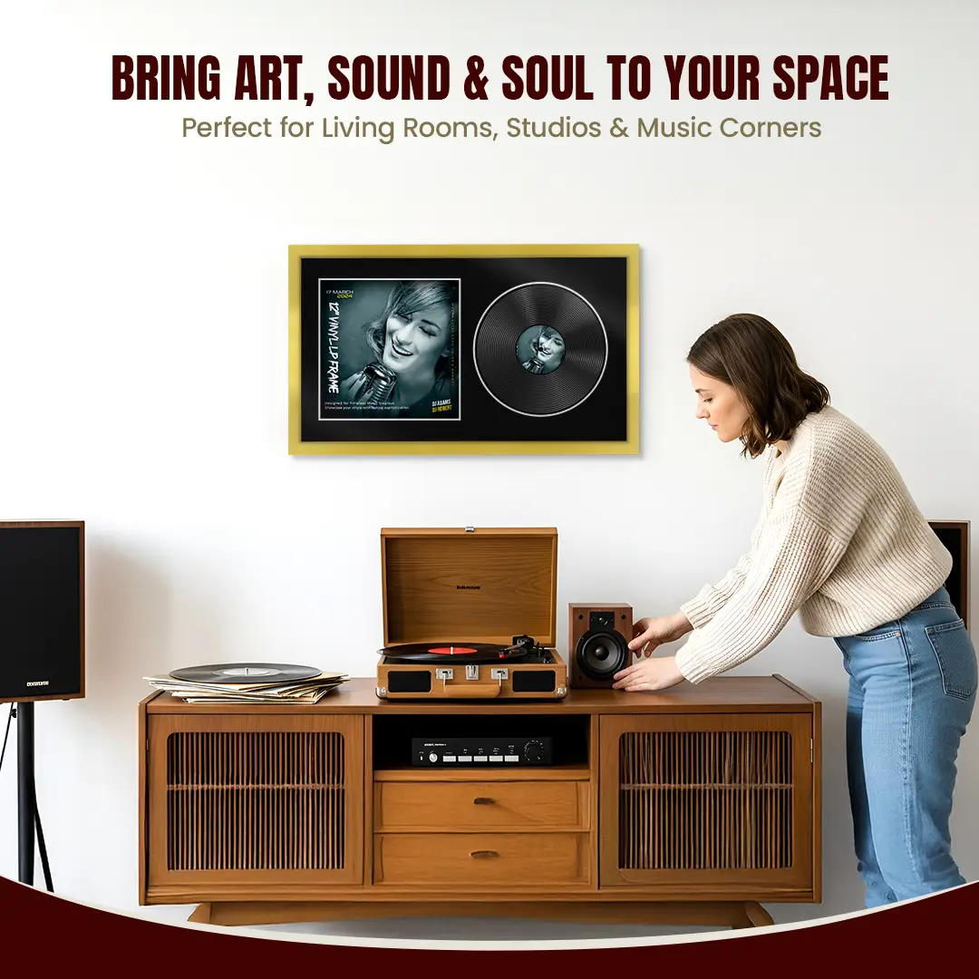 30x17" Modern Sleek Gold Vinyl Record Frame With Black Mount | Displays 12" LP Cover & Disc Side by Side thumbnail 6
