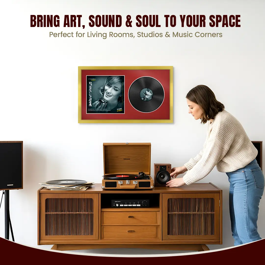 30x17" Modern Sleek Gold Vinyl Record Frame With Crimson Mount | Displays 12" LP Cover & Disc Side by Side thumbnail 6