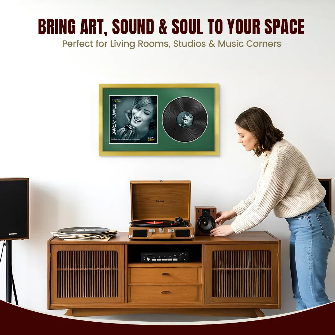 30x17" Modern Sleek Gold Vinyl Record Frame With Emerald (Green) Mount | Displays 12" LP Cover & Disc Side by Side thumbnail 6