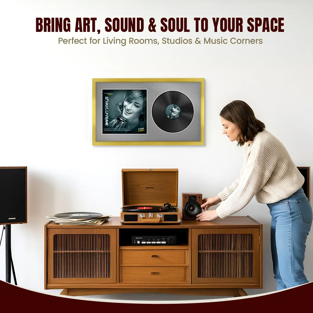 30x17" Modern Sleek Gold Vinyl Record Frame With Silver Mount | Displays 12" LP Cover & Disc Side by Side thumbnail 6