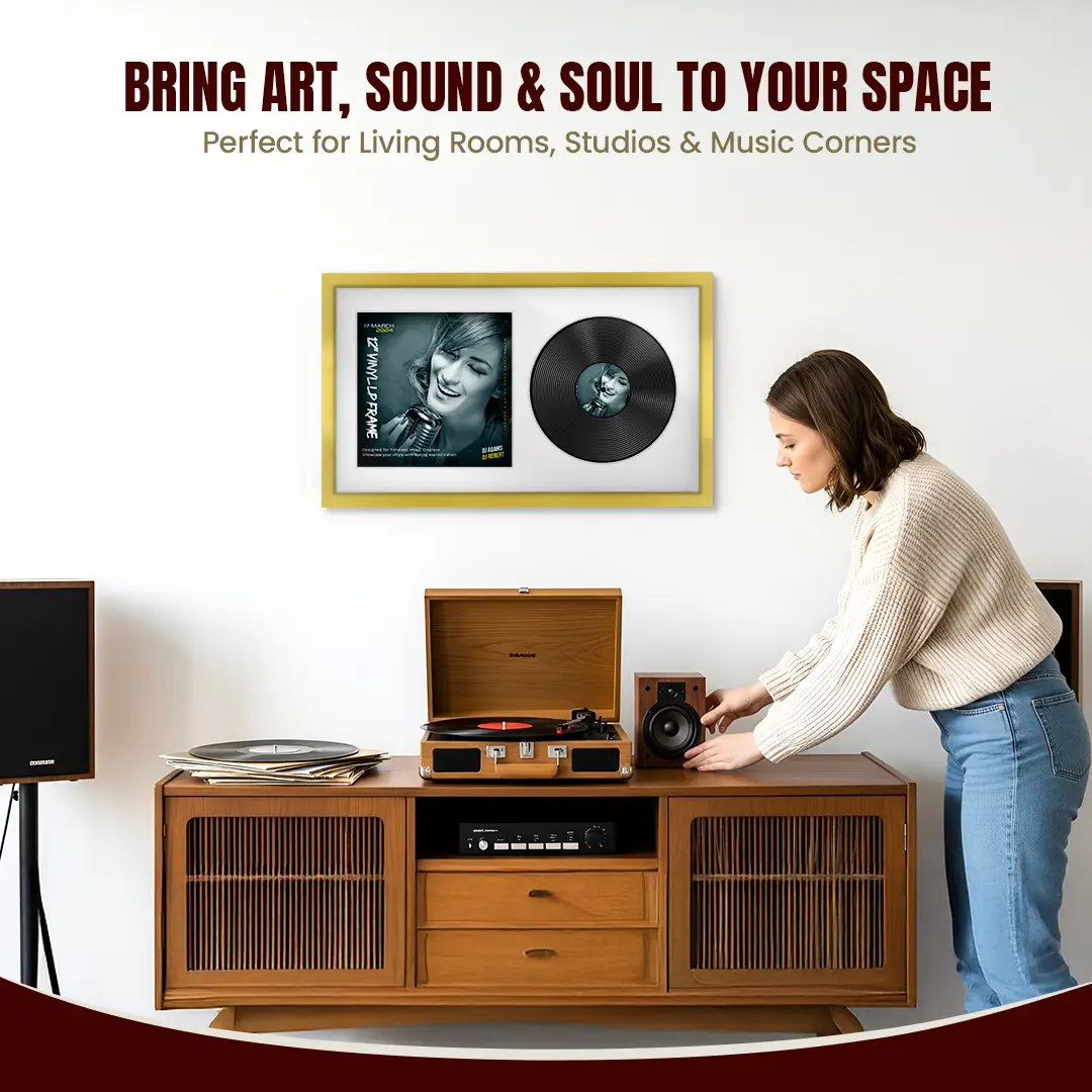 30x17" Modern Sleek Gold Vinyl Record Frame With Ice White Mount | Side by Side 12" LP Cover & Disc Display thumbnail 6