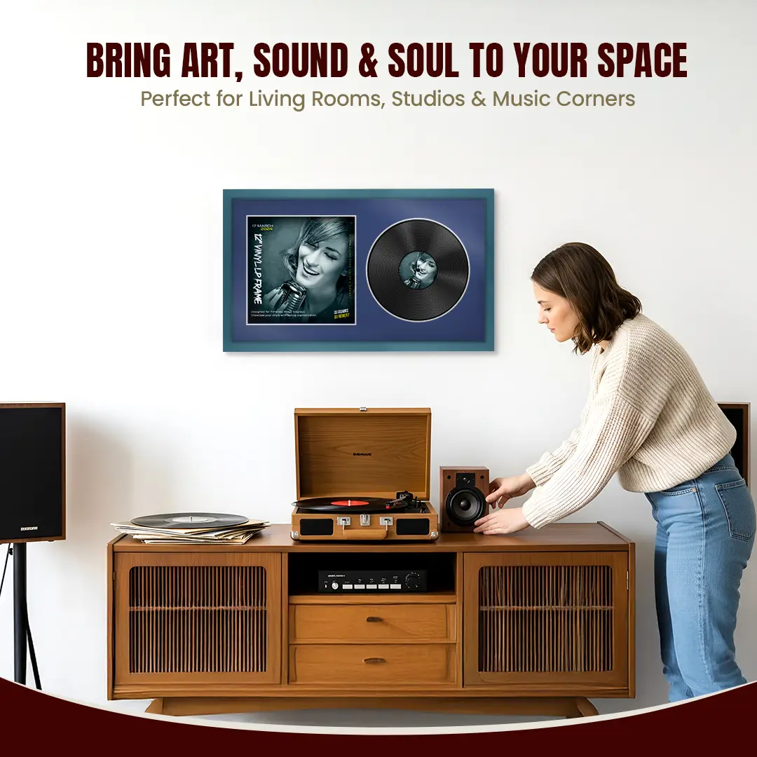 30x17" Modern Sleek Navy Blue Vinyl Record Frame With Blue Mount | Side by Side 12" LP Cover & Disc Display thumbnail 6
