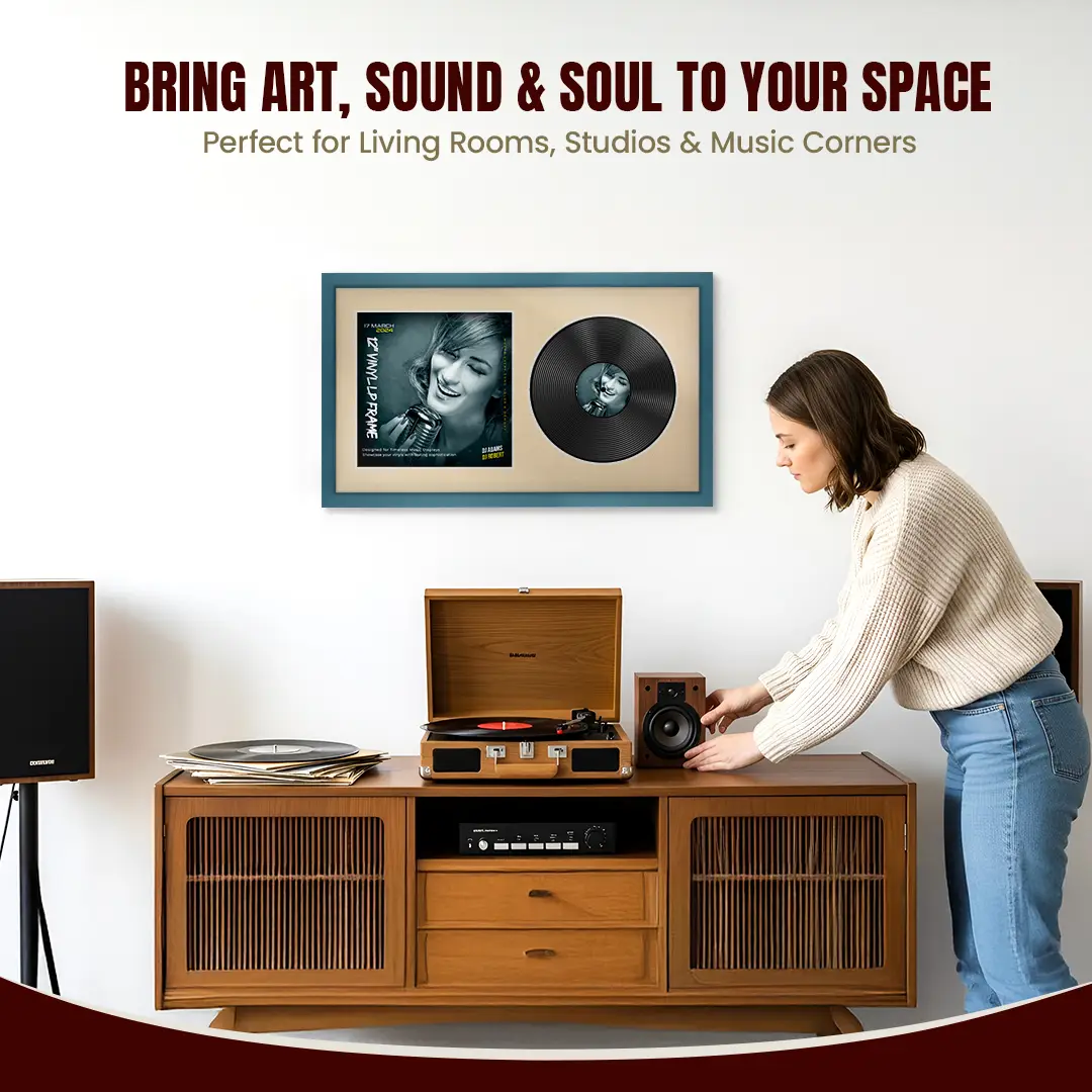 30x17" Modern Sleek Navy Blue Vinyl Record Frame With Ivory Mount | Side by Side 12" LP Cover & Disc Display thumbnail 6