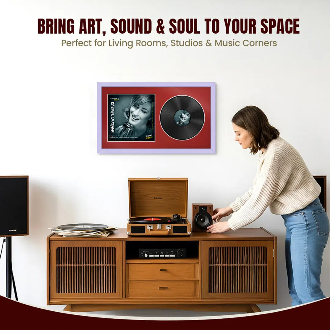 30x17" Modern Sleek Purple Vinyl Record Frame With Crimson Mount | Side by Side 12" LP Cover & Disc Display thumbnail 6