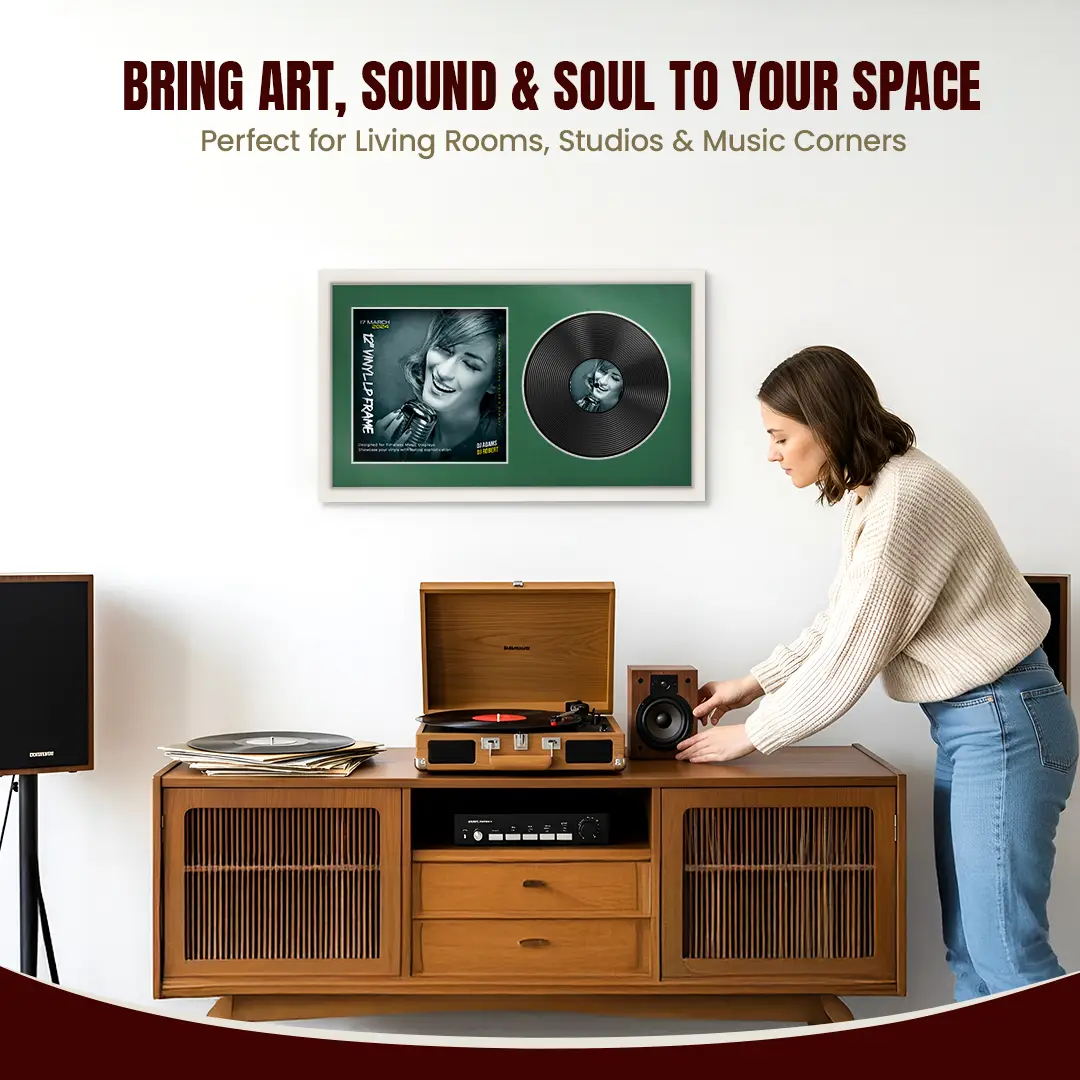 30x17" Modern Sleek White Vinyl Record Frame With Emerald (Green) Mount | Side by Side 12" LP Cover & Disc Display thumbnail 6