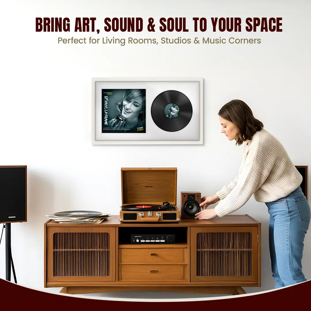 30x17" Modern Sleek White Vinyl Record Frame With Silver Mount | Displays 12" LP Cover & Disc Side by Side thumbnail 6