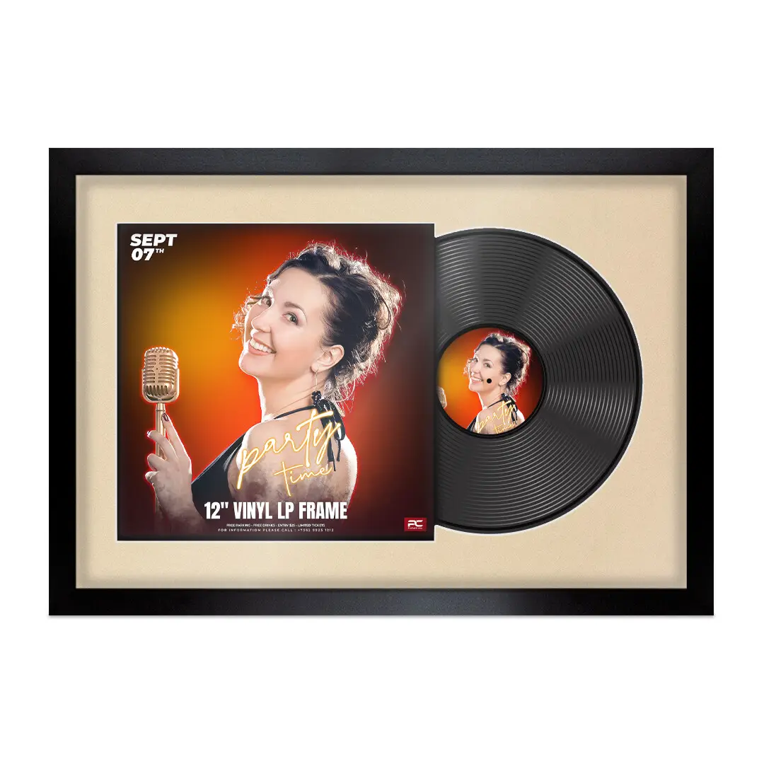 25x17" Modern Sleek Black Vinyl Record Frame For 12 Inch LP Cover & Disc With Black Mount | Overlapped Vinyl Display