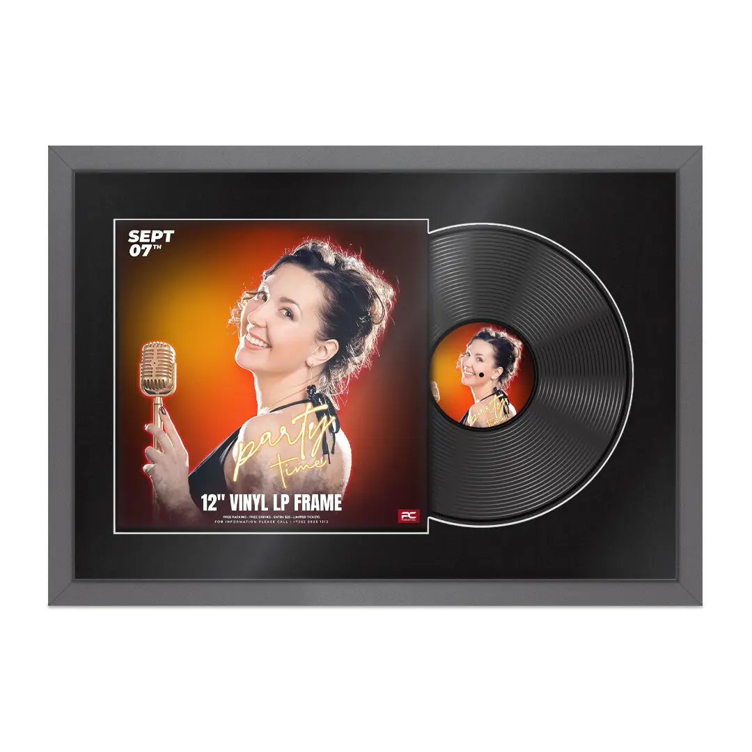 25x17" Modern Sleek Dark Grey Vinyl Record Frame For 12 Inch LP Cover & Disc (Overlapped) With Black Mount | Elegant Music Display