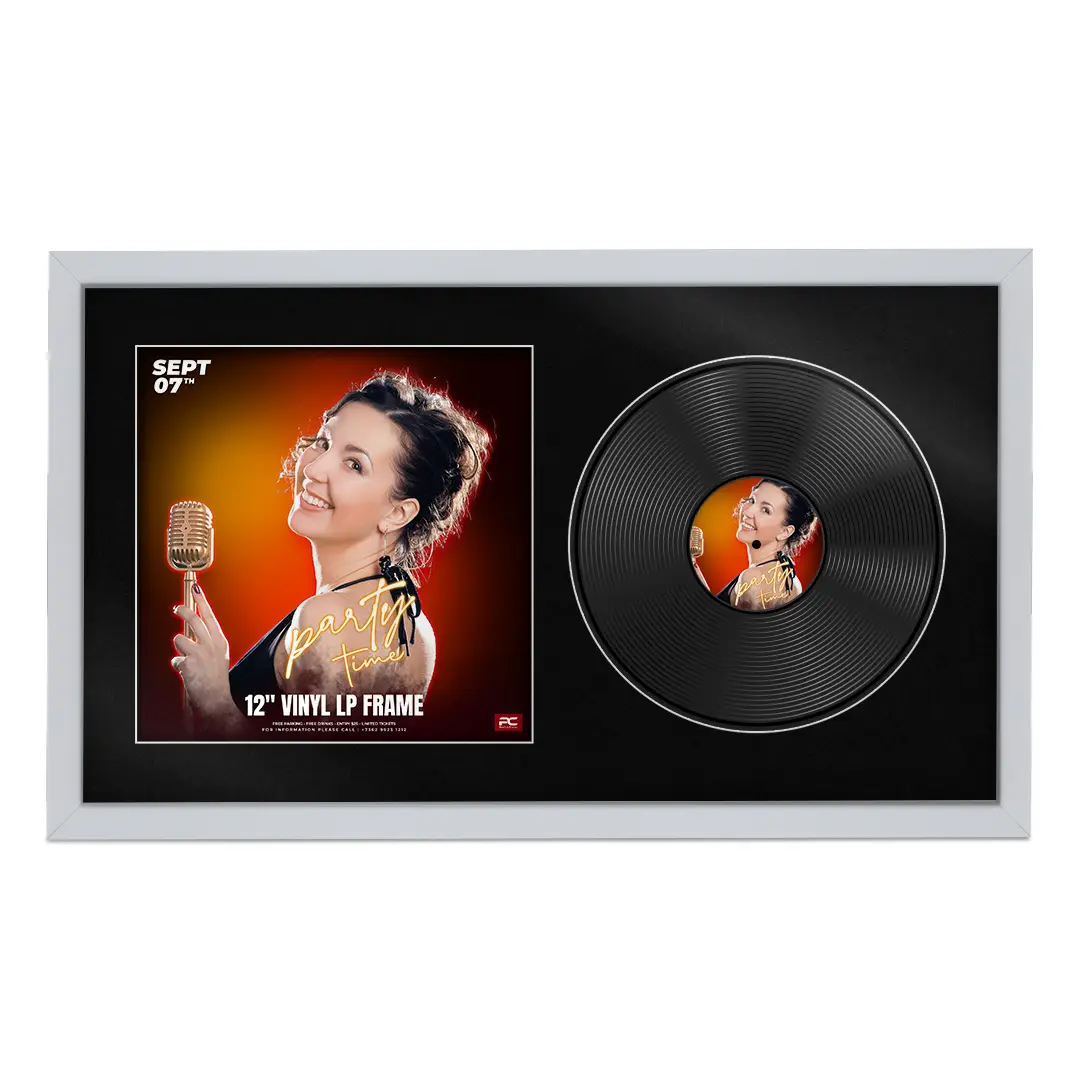 30x17" Modern Sleek Silver Vinyl Record Frame With Poppy Red Mount | Side by Side 12" LP Cover & Disc Display