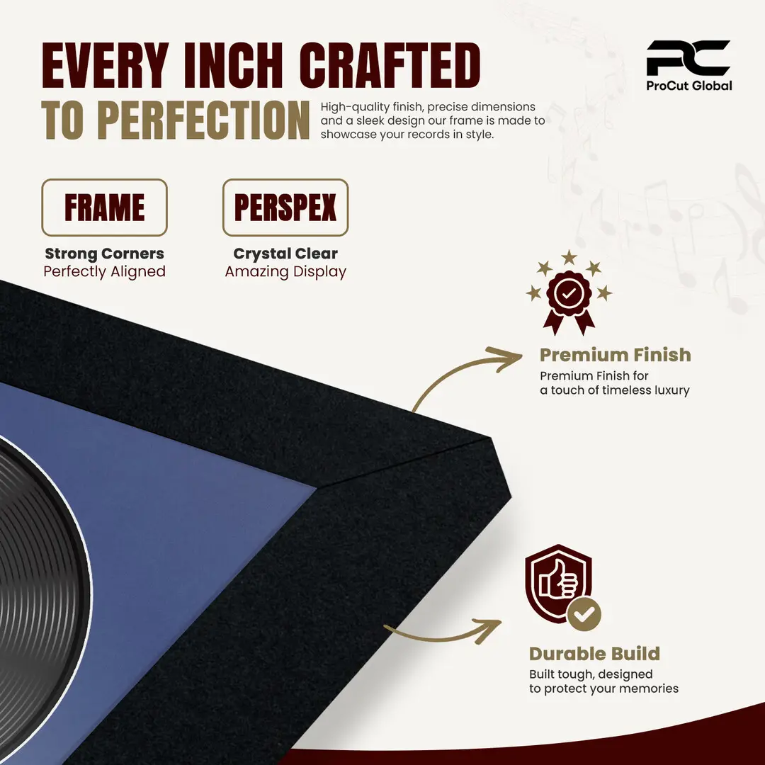 16x16" Modern Sleek Black Vinyl Record Frame With Blue Mount For 12" LP Discs | Contemporary Wall Display thumbnail 7