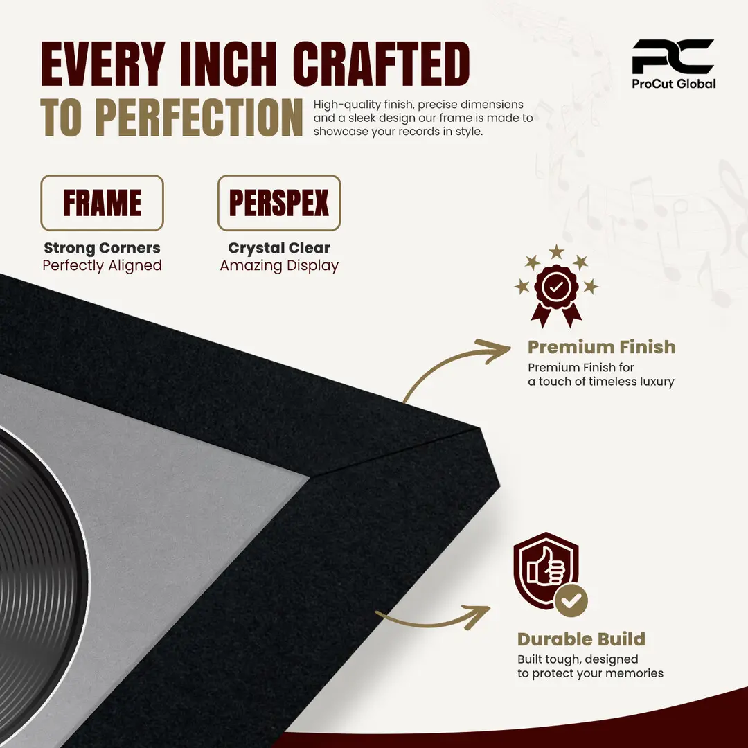 16x16" Modern Sleek Black Vinyl Record Frame With Mid Grey Mount For 12" LP Discs | Contemporary Wall Display thumbnail 7