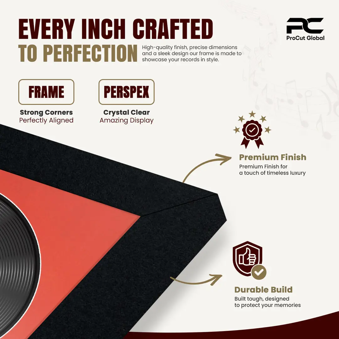 16x16" Modern Sleek Black Vinyl Record Frame With Poppy Red Mount For 12" LP Discs | Premium Wall Frame For Music Enthusiasts thumbnail 7