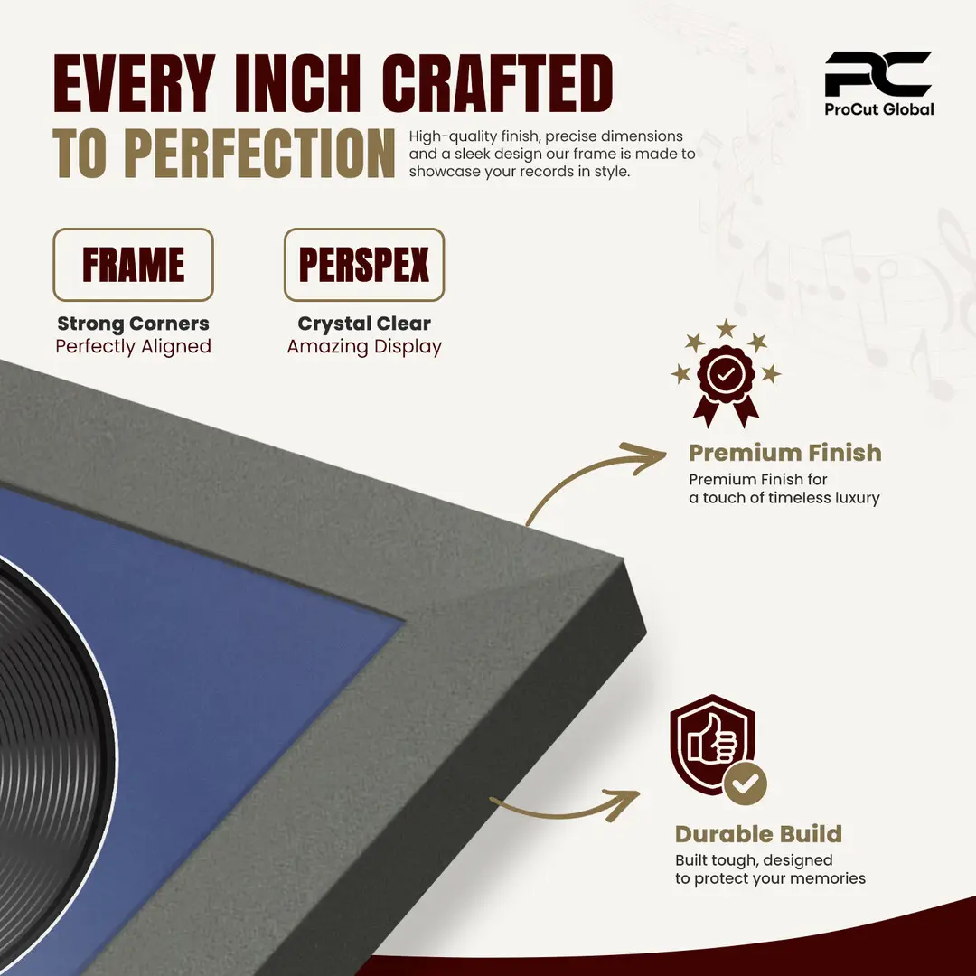 16x16" Modern Sleek Dark Grey Vinyl Record Frame With Blue Mount For 12" LP Discs | Contemporary Wall Display thumbnail 7
