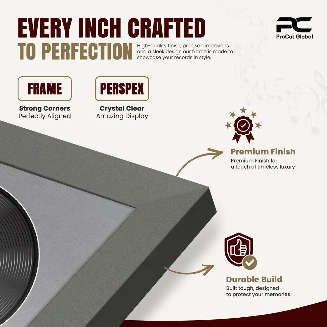 16x16" Modern Sleek Dark Grey Vinyl Record Frame With Mid Grey Mount For 12" LP Discs | Elegant Frame For Music Lovers thumbnail 7
